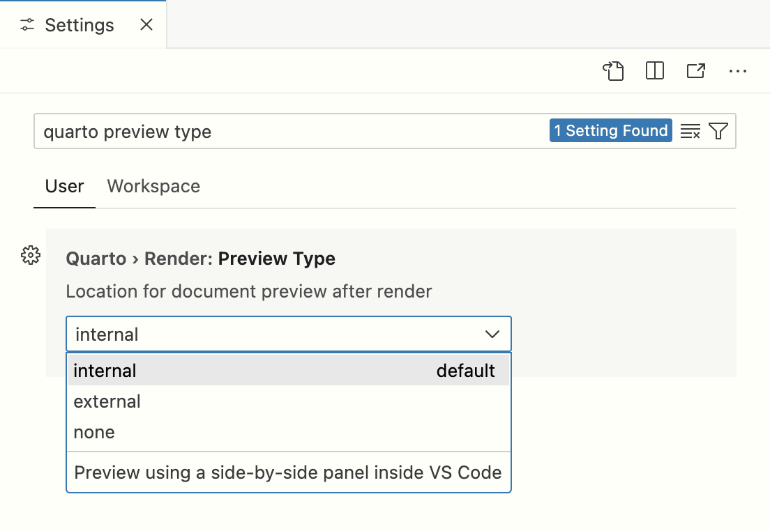 Positron settings interface with 'quarto preview type' entered into the search bar. User settings reveals Quarto > Render: Preview Type, with a dropdown to select location for document preview after render. The default, internal, is selected, which previews using a side-by-side panel in Positron. The other two options in the dropdown are external and none.